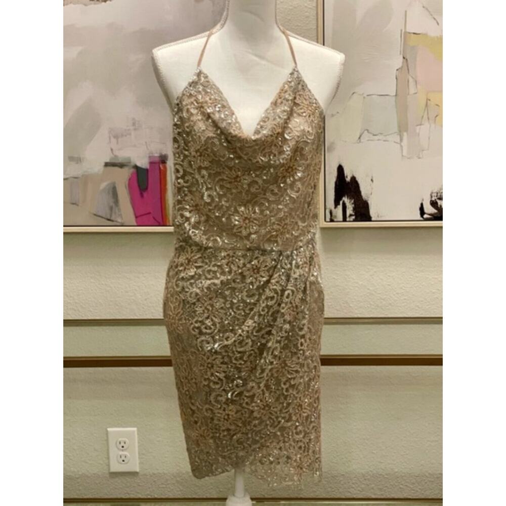 Haute Hippie Gold Lace Beaded Halter Mini Dress Size XS — Cocktail Party - Picture 2 of 8